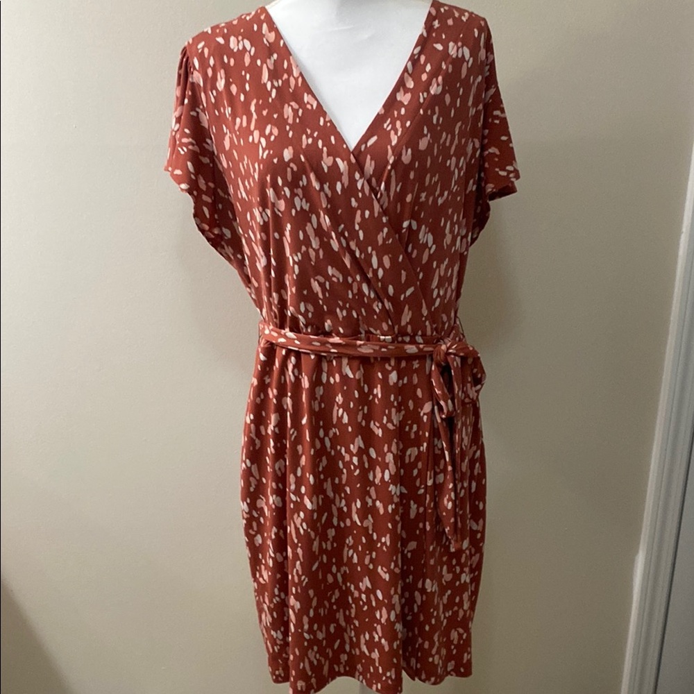 Elegant Rust Faux Wrap Dress - Picture 2 of 10